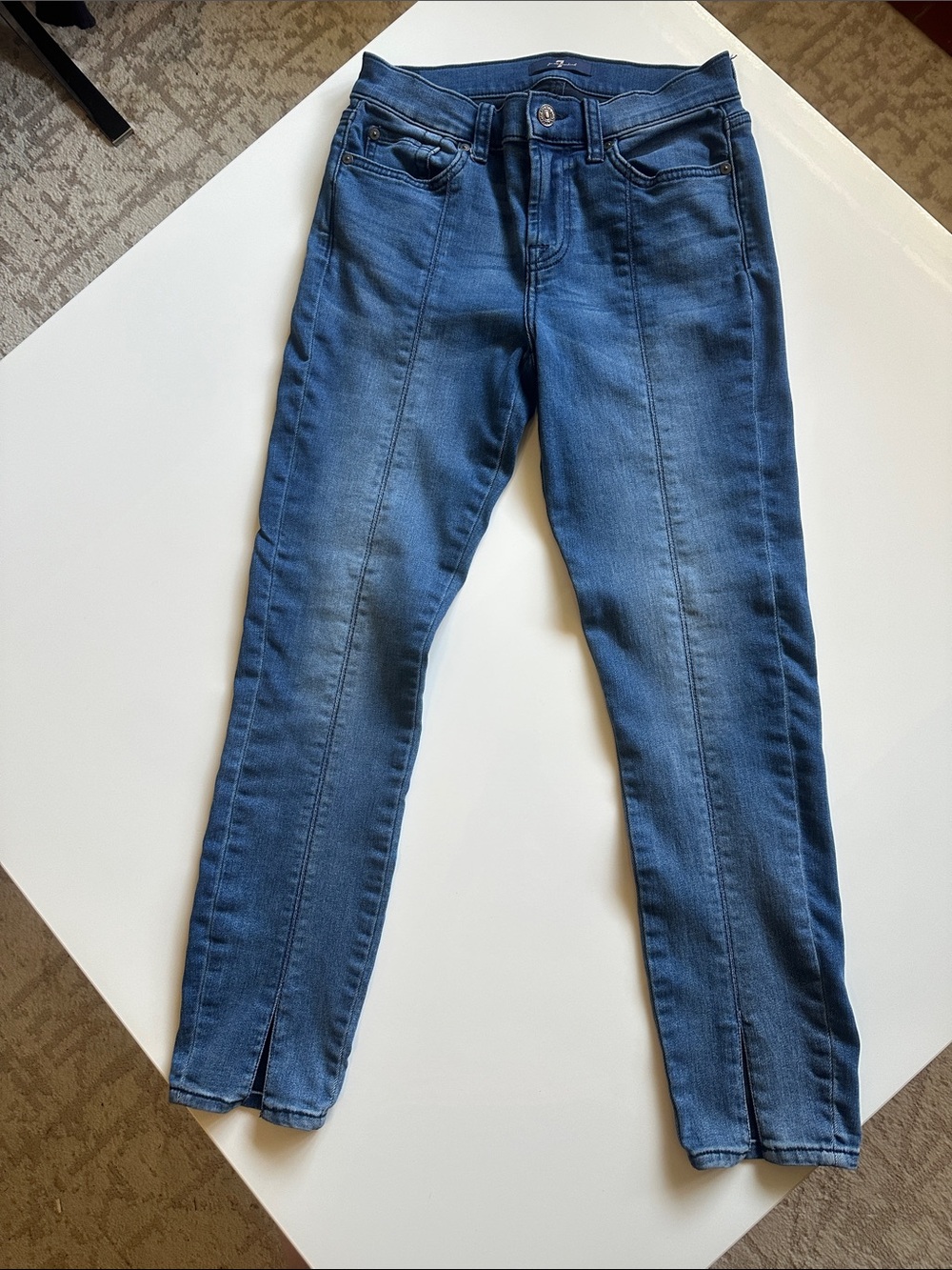 7 For All Mankind Slim Ankle Jeans in Medium Blue with Front Slit